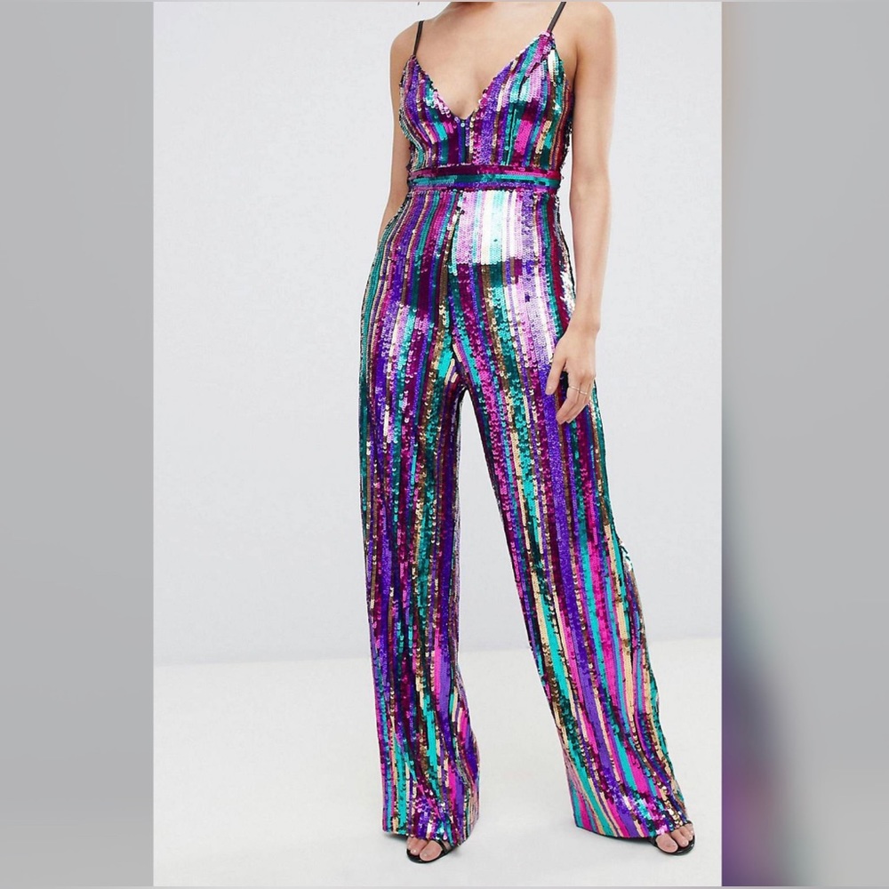 Sequin plunge wide leg jumpsuit